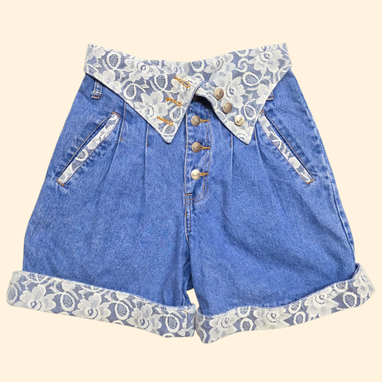 1980s Lace Trim High Rise Jean Shorts ~ Small Pleated Button Fly